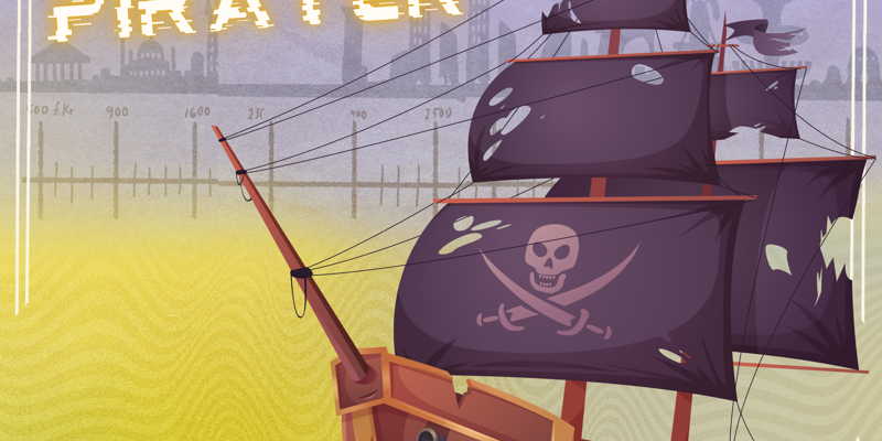Grafisk bild med en bakgrund med en tidslinje och silhuetter av byggnader. Det syns ett stort piratskepp med träskorv och hissade segel och dödskalle på seglen som är på väg in mot betraktaren. Texten på bilden är följande: "3, 2, 1...  starta tidsmaskinen! Sommarboken, Sorsele bibliotek, 23/8 kl. 11-15, 8-12 år Tema Pirater"