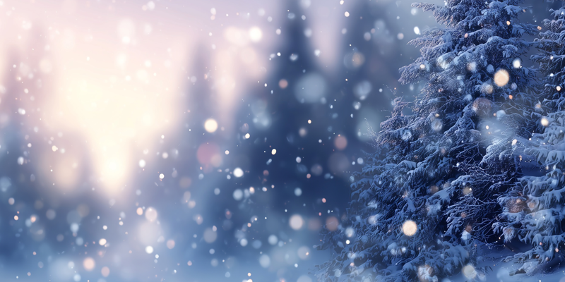 Bild av ett vinterlandskap i skymningsljus med snö och granar. Det snöar och snöflingorna syns i motljus. 