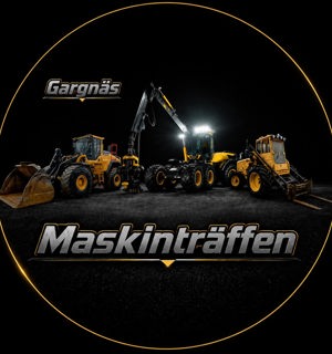 En mörk bild med gula entreprenadmaskiner och text om maskinträffen