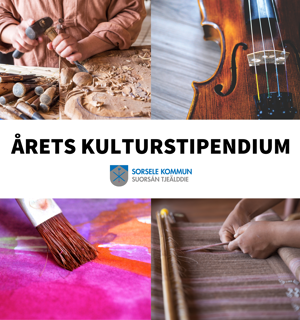 Fyra fotografier som visar närbilder på bildhuggeri, akvarellmålning, vävning och en fiol. Det går också att läsa: Årets kulturstipendium. Sorsele kommuns logga finns också i bilden.