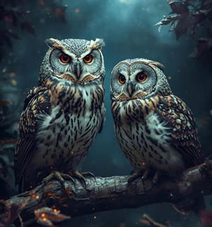 AI-genererad bild på två ugglor om sitter på en gren i en skog. Det är mörk och ett magiskt sken runt dem. 