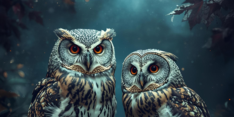 AI-genererad bild på två ugglor om sitter på en gren i en skog. Det är mörk och ett magiskt sken runt dem. 
