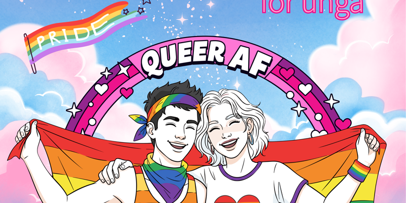 Illustration. Två personer med regnbågsrandiga kläder ler och håller tillsammans en prideflagga bakom sig. Över dem sysn en regnbåge med hjärtan och stjärnor och i mitten står det "Queer as fuck". En liten flaggvimpel syns ovanför dem och på flaggan står det "Pride". Bakgrunden är en vy över ett vatten med rosa och vita och blå moln och ett stjärnglitter. Text i bild: Regnbågshäng för unga"