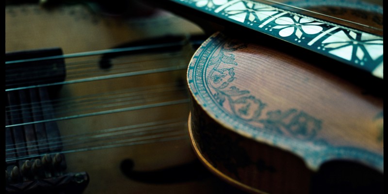 Närbild på en hardangerfela i trä som ligger mot en nyckelharpa. Felan är dekorerad med slingrigt växtmönster och halsen har beninfällningar.