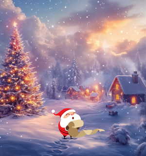 En liten illustrerad tomte håller i en lång lista och ser ut att läsa från den. Tomten står på en stig i ett sagolikt vinterlandskap täkt av snö. Det finns en julgran  och några julpyntade hus täckta av snö som lyser av ljus. Det snöar och himmelen är skymningsrosa. 