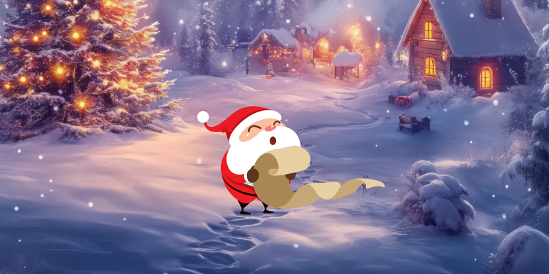 En liten illustrerad tomte håller i en lång lista och ser ut att läsa från den. Tomten står på en stig i ett sagolikt vinterlandskap täkt av snö. Det finns en julgran  och några julpyntade hus täckta av snö som lyser av ljus. Det snöar och himmelen är skymningsrosa. 