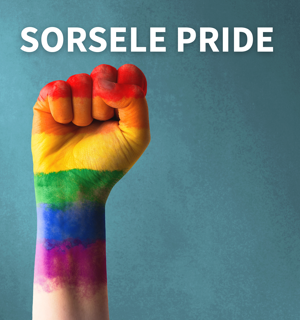 Foto av en knuten näve mot en blå bakgrund. Näven är målad i regnbågens färger. Text i bild: Sorsele Pride.