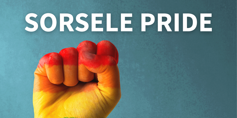 Foto av en knuten näve mot en blå bakgrund. Näven är målad i regnbågens färger. Text i bild: Sorsele Pride.