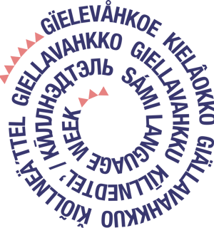 Giällavahkkuos logotyp - det står samisk språkvecka på 9 olika samiska språk i en spiral. 