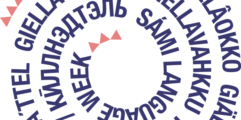 Giällavahkkuos logotyp - det står samisk språkvecka på 9 olika samiska språk i en spiral. 