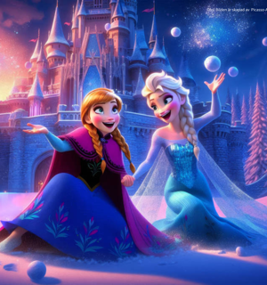 AI-genererad bild med Frostkaraktärerna Elsa och Anna som sitter i snön framför ett slott. De håller varandra i händerna och ser glada ut. 
