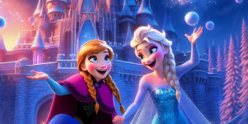 AI-genererad bild med Frostkaraktärerna Elsa och Anna som sitter i snön framför ett slott. De håller varandra i händerna och ser glada ut. 